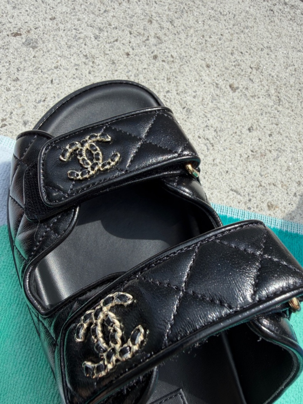 Authentic CHANEL Black Quilted Double-Strap Slide Sandals with Gold CC - Picture 6 of 7